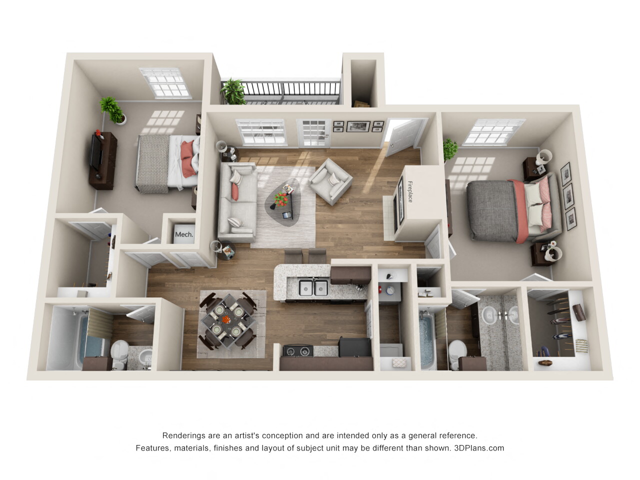 Floor plan for 2 beds, 2 baths, 1005 sqft